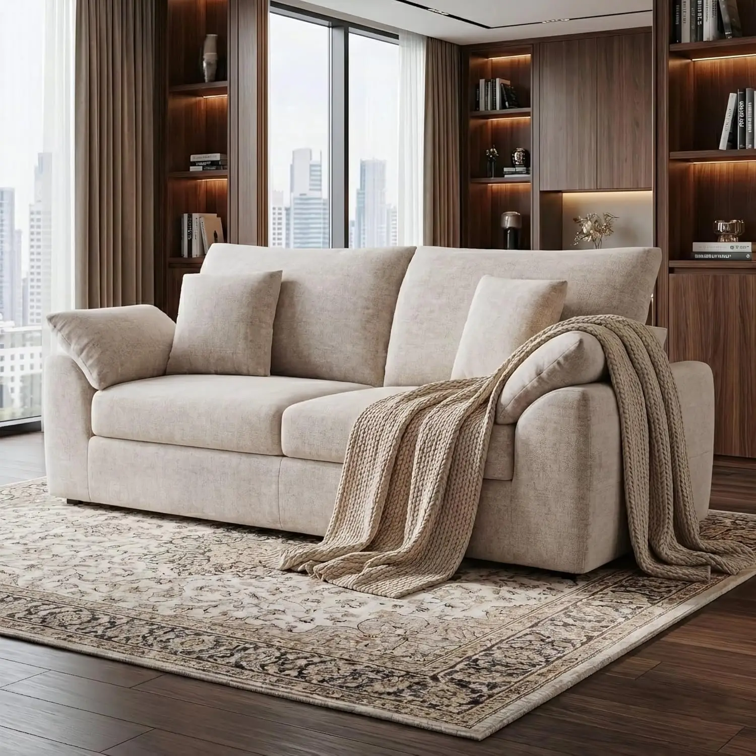 Modern Loveseat Sofa Mid Century Cloud Boneless 4 Pillows Small Living Room 89.8" No Assembly Camel Custom