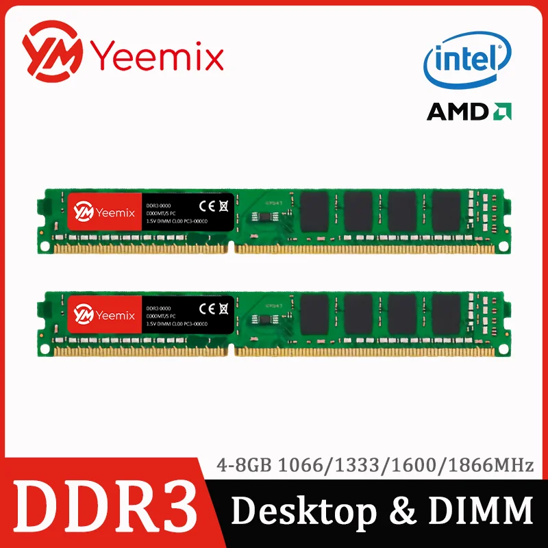 Memória RAM para Desktop Yeemix DDR3 4GB 8GB 1066 1333 1600 1866MHz PC3-8500 PC3-10600 PC3-12800 PC3-14900 U-DIMM Non-ECC 1.5V 240 pinos