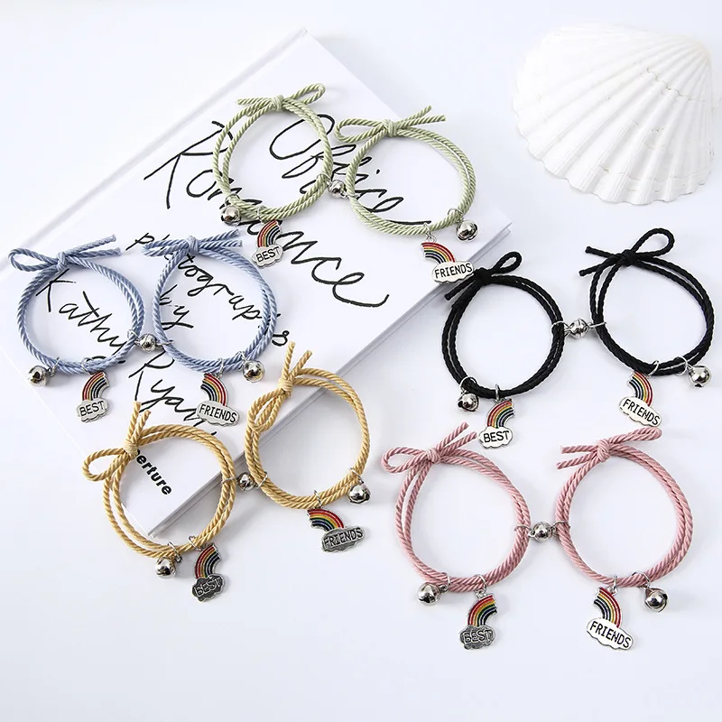 1 Pair Magnet Attract Couple Bracelet Rainbow Bell Pendant Friendship Jewelry Adjustable Braided Rope Bangle for Women Men