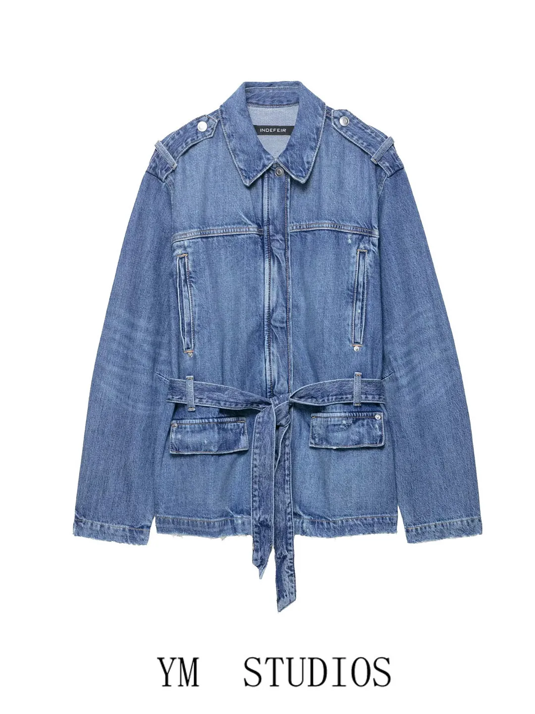 

Sli Свободный джинсовый тюнер Женская рабочая одежда с несколькими карманами Изношенный вид с поясом Тет средней длины Сводная верхняя одежда