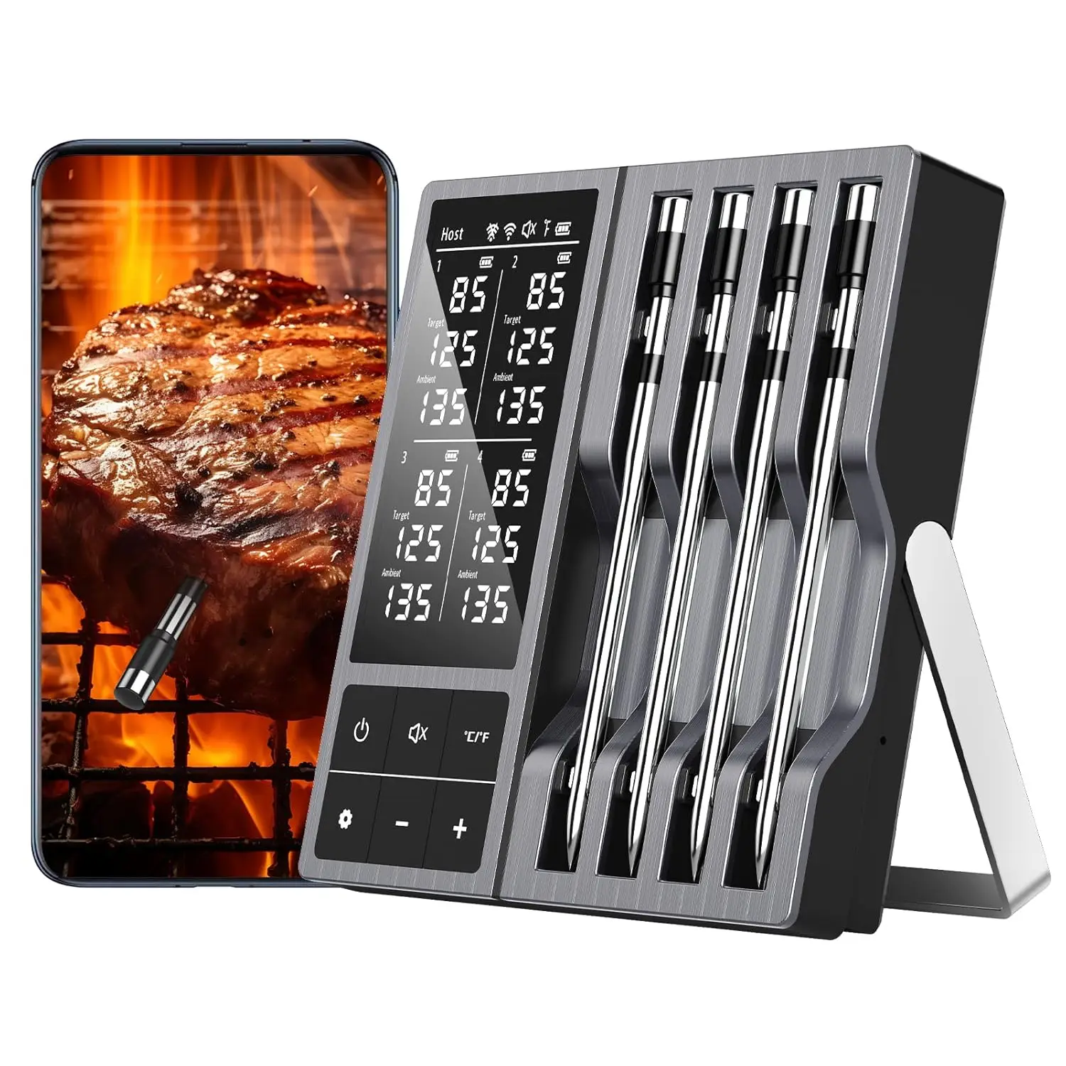 

Wireless Meat Thermometer with Smart App, 800ft Bluetooth Range, 4 Probes, ±0.5°F Accuracy for BBQ Oven Smoker