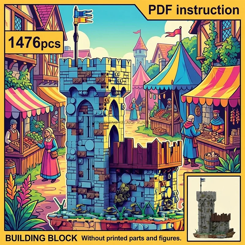 MOC Mittelalterliche Ruine Steinwachturm mit Holzpalisade Außenposten Festung Blockmodell