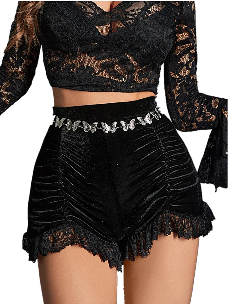 Women Shorts Lace Patchwork High Elastic Waist Shorts Slim Fit Pleated Irregular Hem Super Short Pants Club Party Trousers