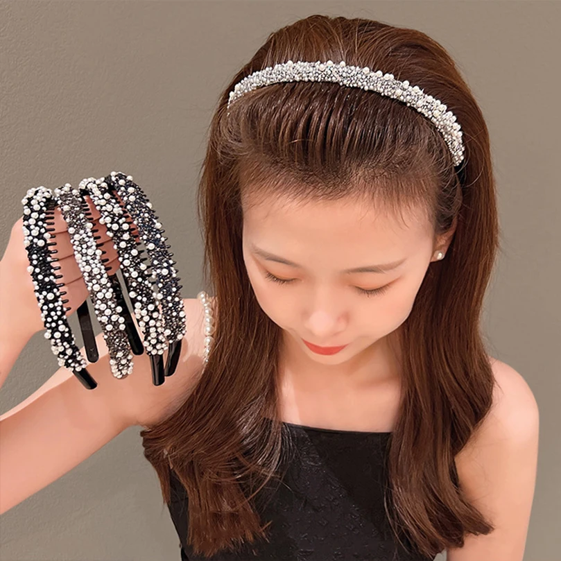 AWAYTR-Hairband antiderrapante pérola e strass para mulheres, bandana com dentes, aro, acessórios de cabelo fashion