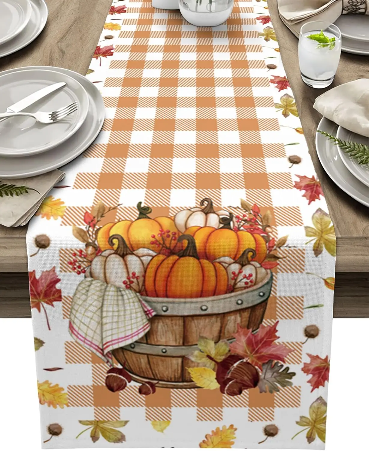 Fall Harvest Thanksgiving Pumpkin Linen Table Runner Table Decor Autumn Maple Leaf Buffalo Plaid Table Runners Home Party Decor