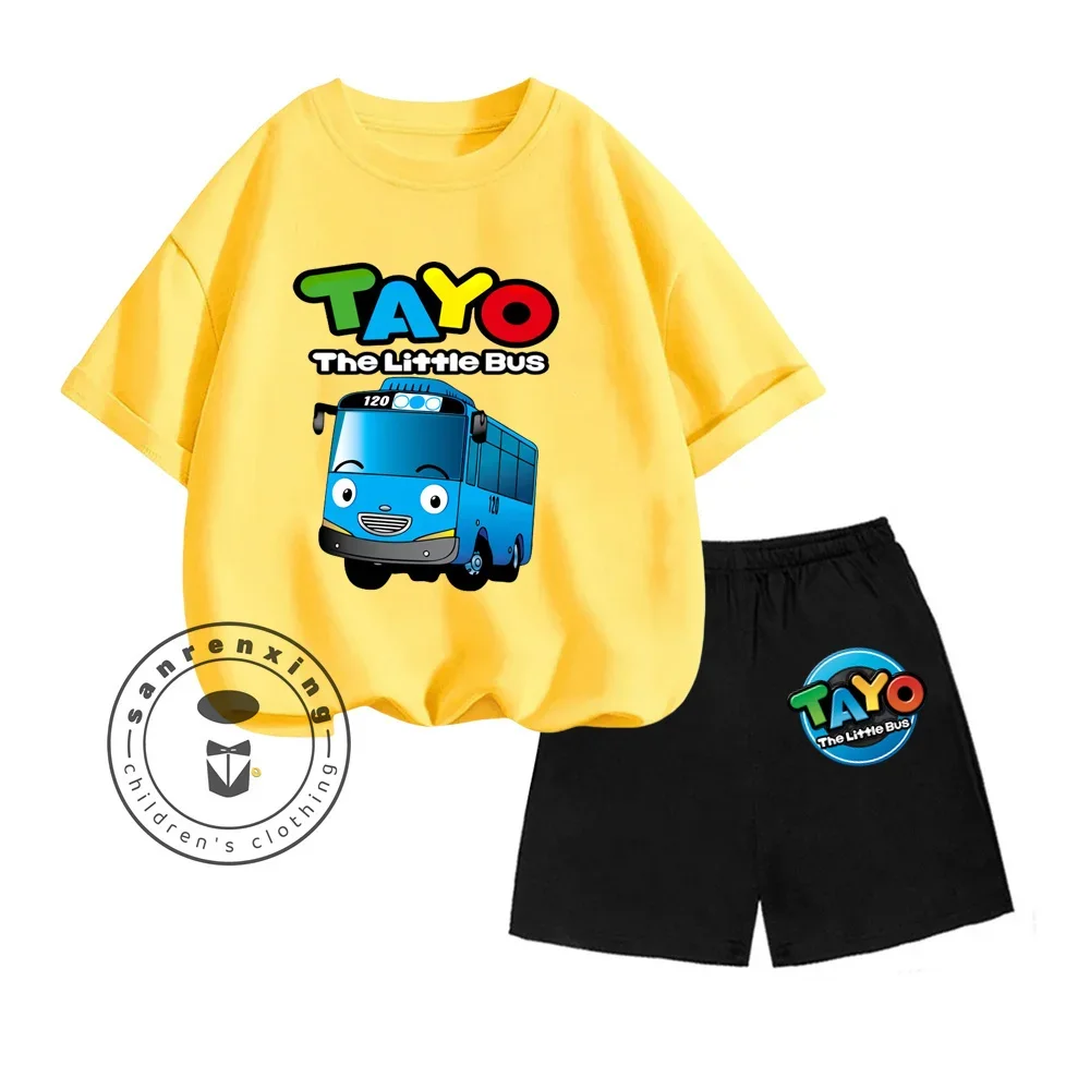 2024 New Graffiti Art Series Full Color Tayo the Litte Bus Pattern Print Design Boys and Girls Short Sleeve Shorts Two-piece Set