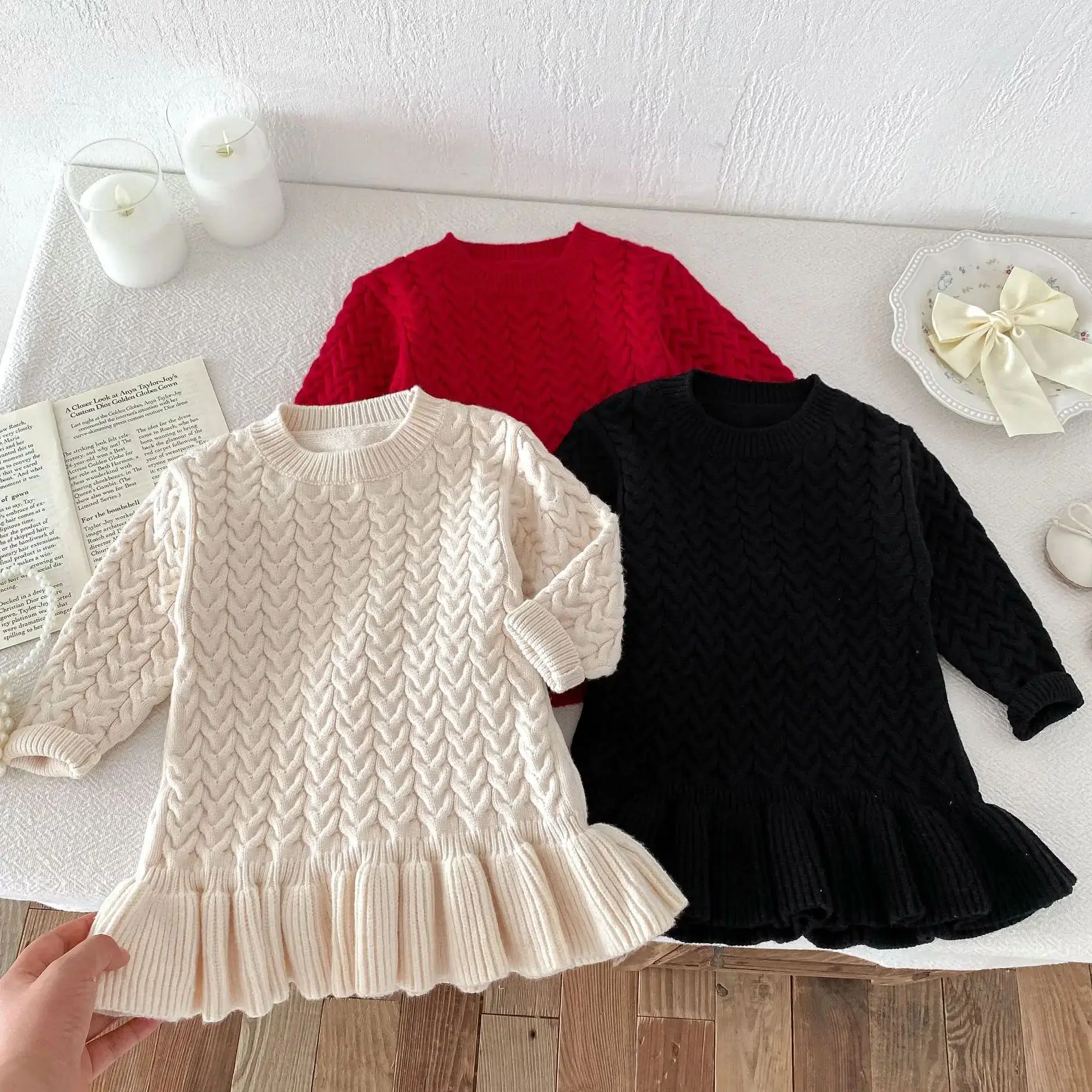 

Autumn Winter Toddler Girls Clothes Casual Warm Baby Long Sleeve Knitted Sweater Dress For Children Basic One-Piece Dress