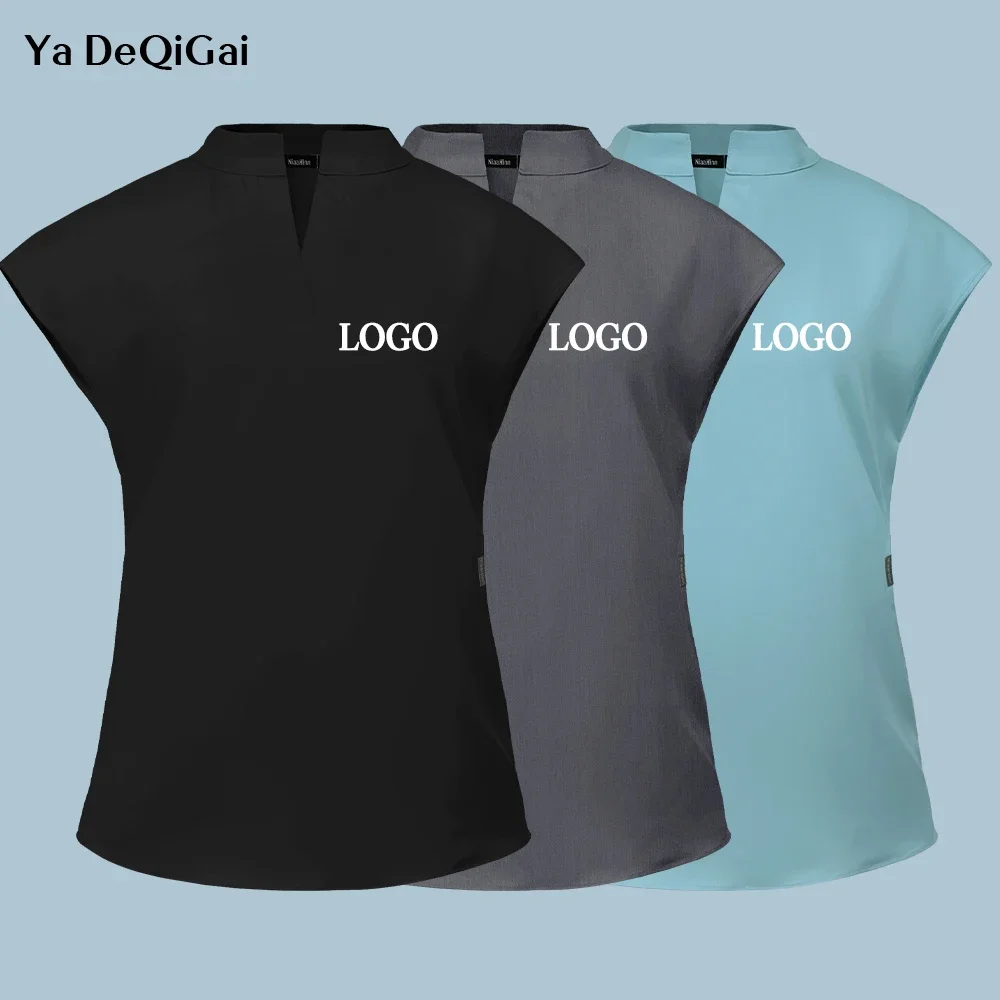 Uniforme de sala de operação feminino enfermagem esfrega topo verão uniforme de laboratório feminino bolso camiseta enfermeira esfrega blusa salão de 