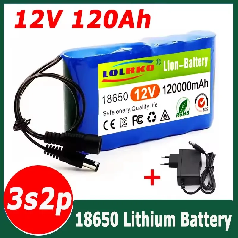 18650 12V 120000mah 3s2p Capacity DC 12.6v 120Ah Portable Rechargeable Li-ion Battery for fishing lights
