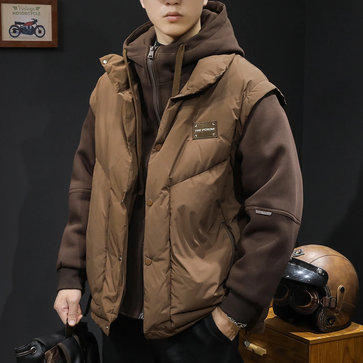 

Men's Hooded Du down Jaet 2024 New Sle Tee-in-One Patchwork Sweatirt Outerwear Large Size Casual Warmth