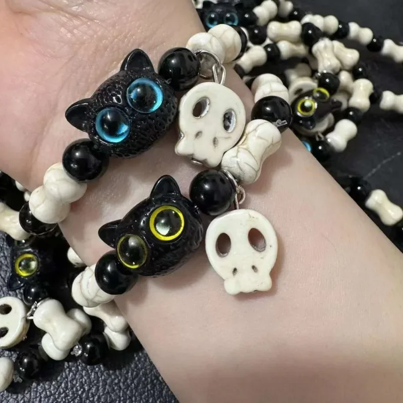 1/2pcs Sweet Cool Big Eye Cat Bracelet Women Men Trendy Punk Skull Cartoon Animal Pendant Bracelet Aesthetic Y2k Jewelry Gift