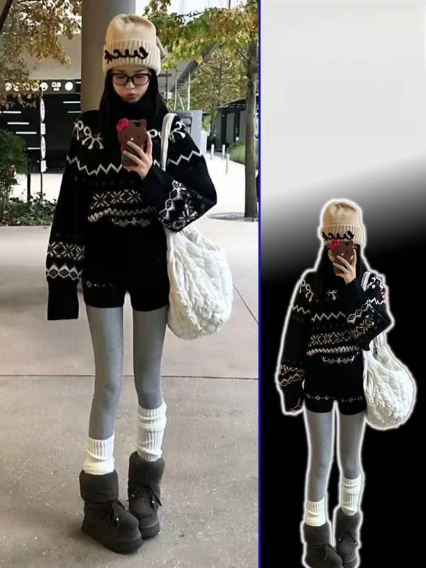 

plus Size High Ne Knitted Sweater And High Waist orts Two Piece Set Faionable Versatile Winter Warm Casual Sle for Women