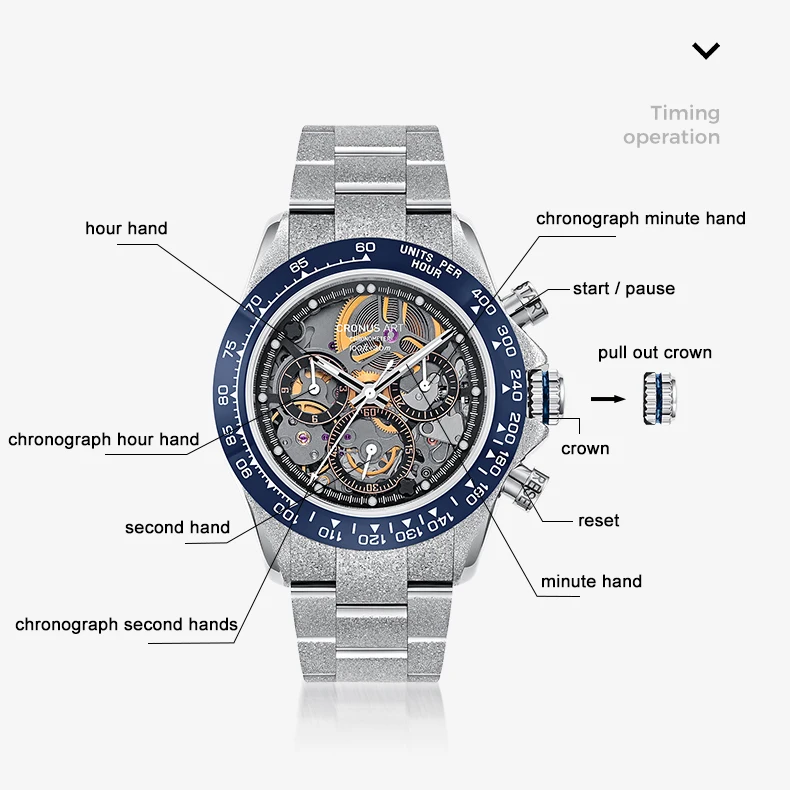 CRONUSART Men Chronograph Watch 42mm Automatic Mechanical Wristwatch 5Bar Luminous Sapphire Triple Windows Steel Strap