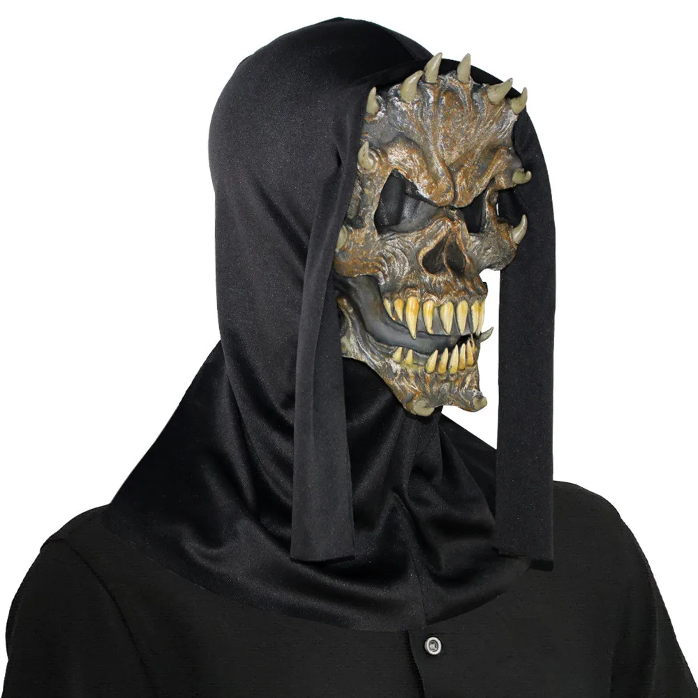 Halloween Gruselmaske mit Gruselhörnern, Totenkopf-Vollmaske, Cosplay-Kostüm, Horror-Latexmaske – Detail 1