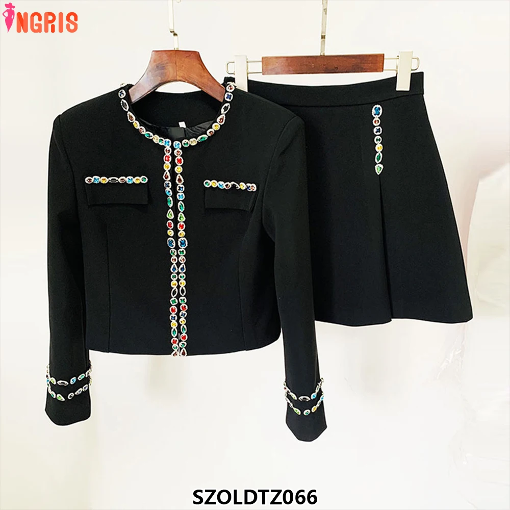 أسود فاخر كريستال السترة تنورة حجر الراين الماس مثير حزب الربيع البدلة-SZOLDTZ066 #2