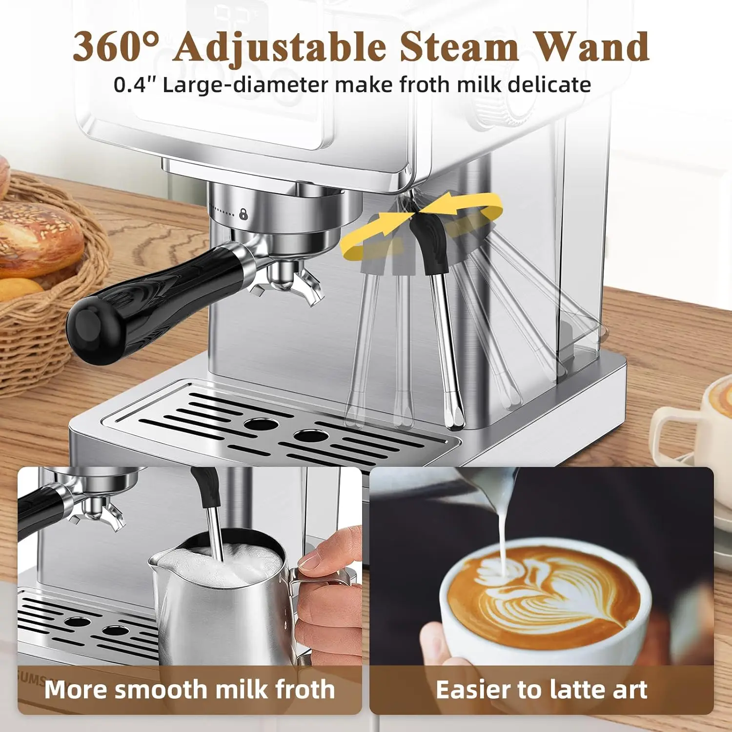 Machine, Stainless Steel Espresso Machine with Milk Frother for Latte, Cappuccino, Machiato,for Home Espresso Maker, 1.