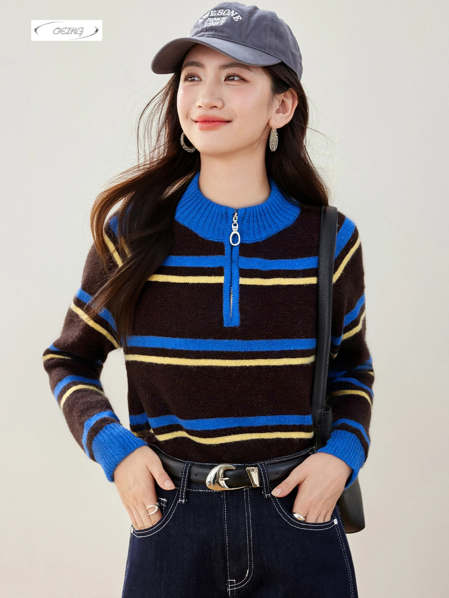 

Retro Striped Half Zipper Stand Collar Long Sleeve Knit Shirt Pullover Sweater for Women Autumn Winter Y2K Slim Basic Tops 9713