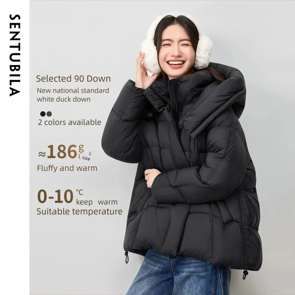 

SENTUBILA Women's Puff Down Jacket 2025 Winter Hooded Stand Collar Warm Coat Loose Fit Commuter Windproof Outerwear W54YA3385