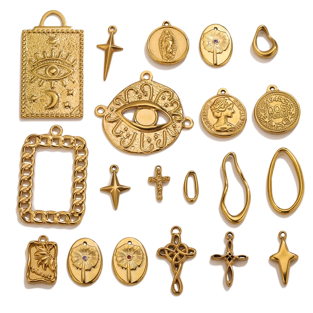 

5PCS Charms Evil Eye Cross Coin Star Religious Pendants 18K Gold Stainless Steel for DIY Necklace Bracelet Jewelry Making Suppli