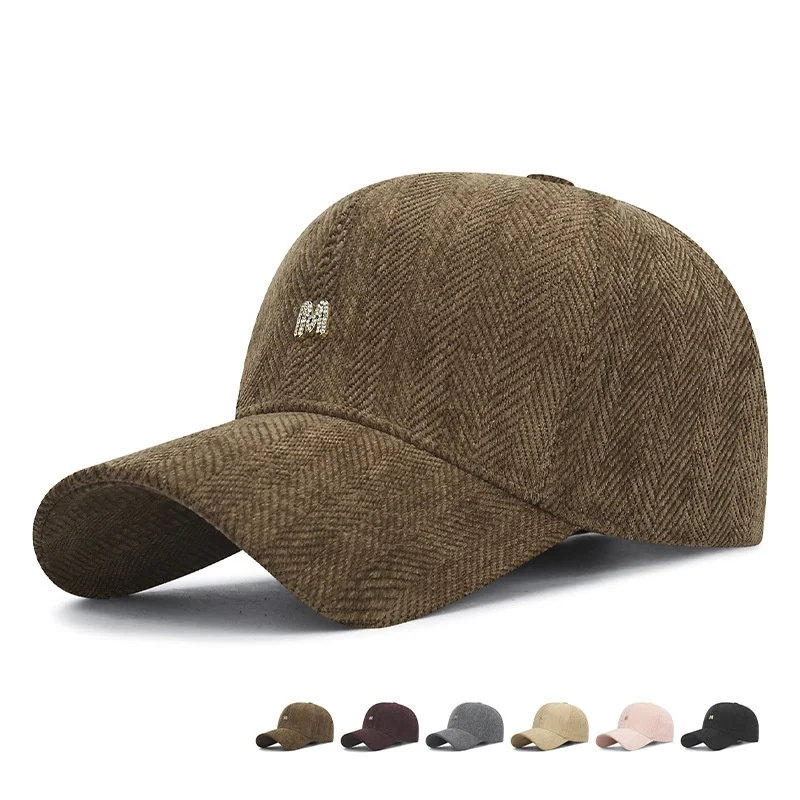 New Fishbone Patterned Hardtop Duckbill Cap M Logo Simple Curved Brim Baseball Cap Couple Spring Autumn Sunshade Hat
