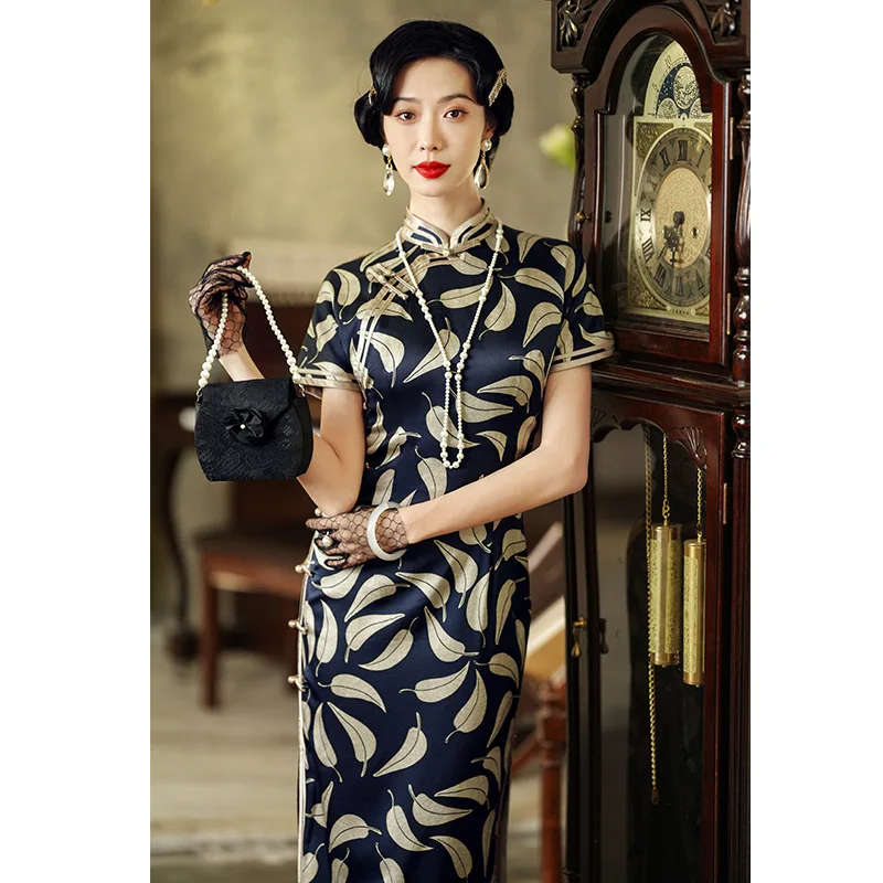 

New Chinese Style Improved High Quality Real Silk Dress Cheongsam Qipao Long Summer Daily Style High-End Silk Dress