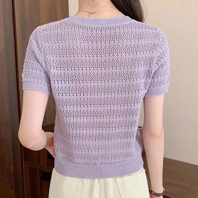 Summer Fashion Loose Hollow Out Knitted T-shirt Women Clothing Casual All-match O-neck Short Sleeve Top Tee Ice Shreds Thin Tops