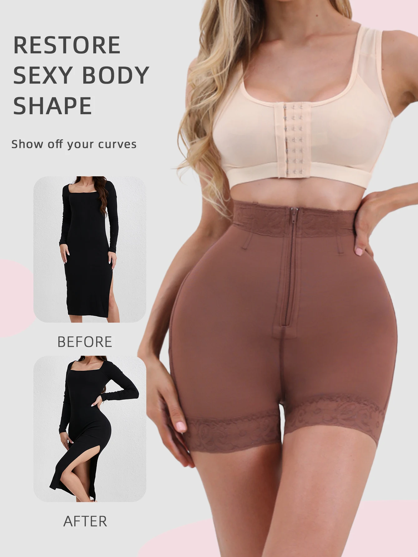 Platte Hoek Midden Taille Shapewear Rits Buik Control Shaper Kant Butt Lifter Slipje Voor Vrouwen