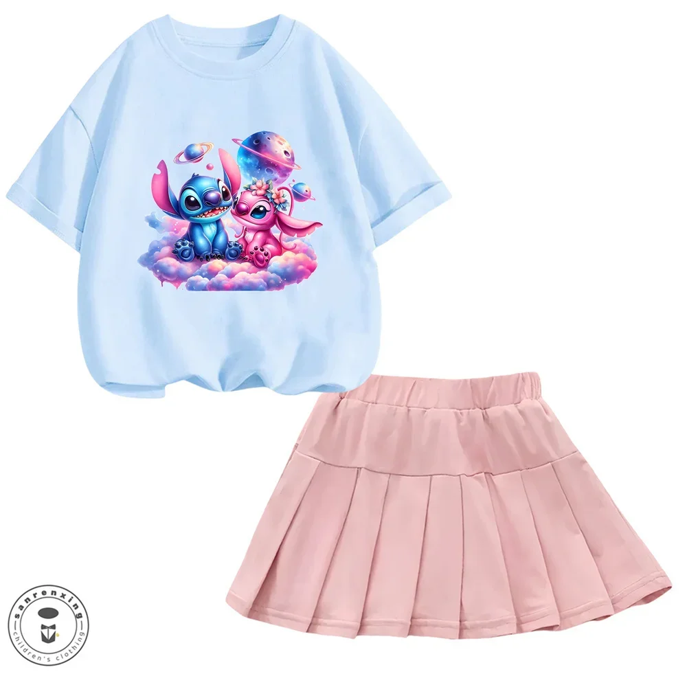 

Disney Lilo Stitch Girl T-shirt+Short Skirt Set Kawaii Anime Figures Dress Slimming Trendy Folding Skirt Children Birthday Gift