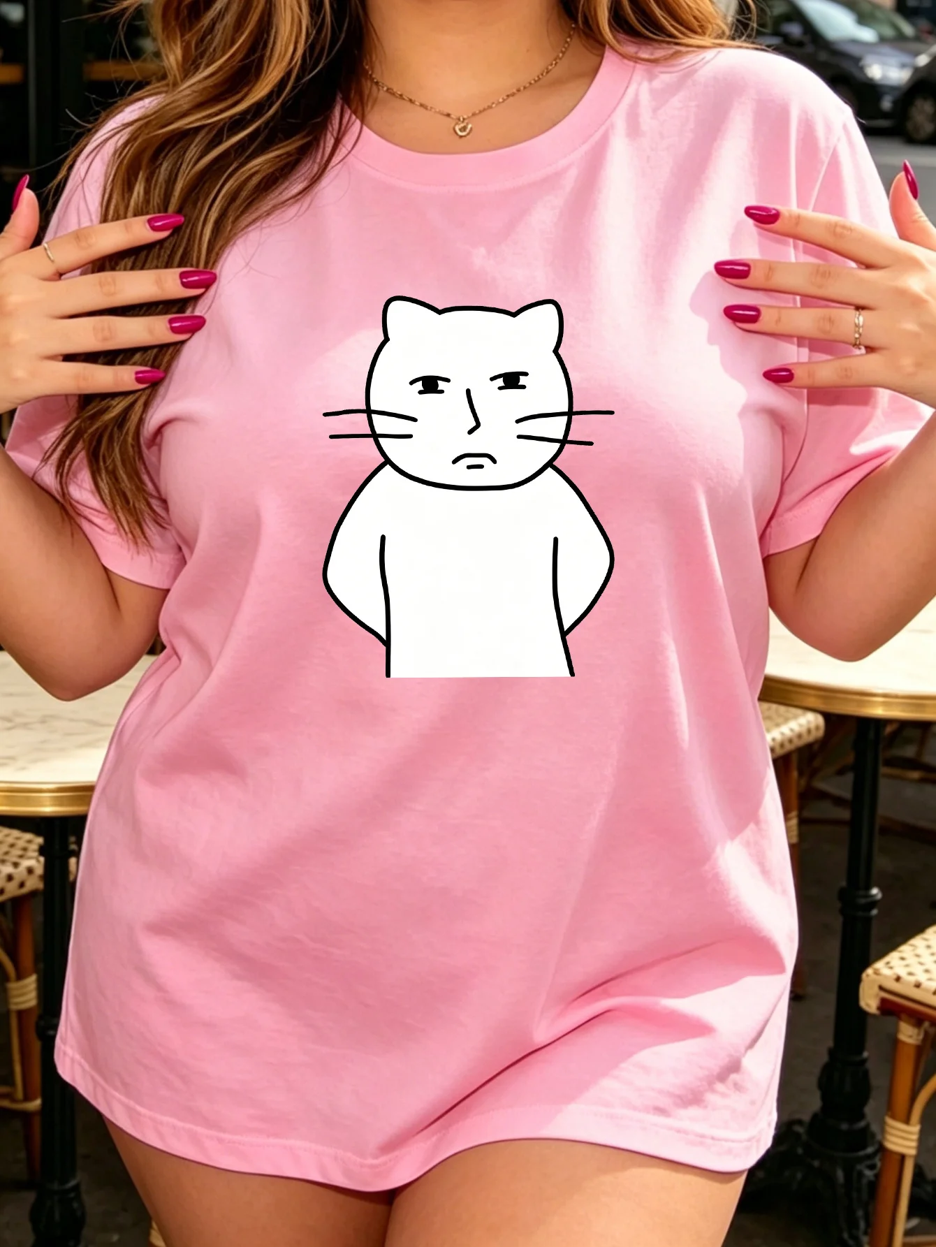 Cute Grumpy White Cartoon Cat Simple Line Drawing Art Print Graphic Ladies T Shirt Short Sleeve Crew Neck Casual Tee Tops