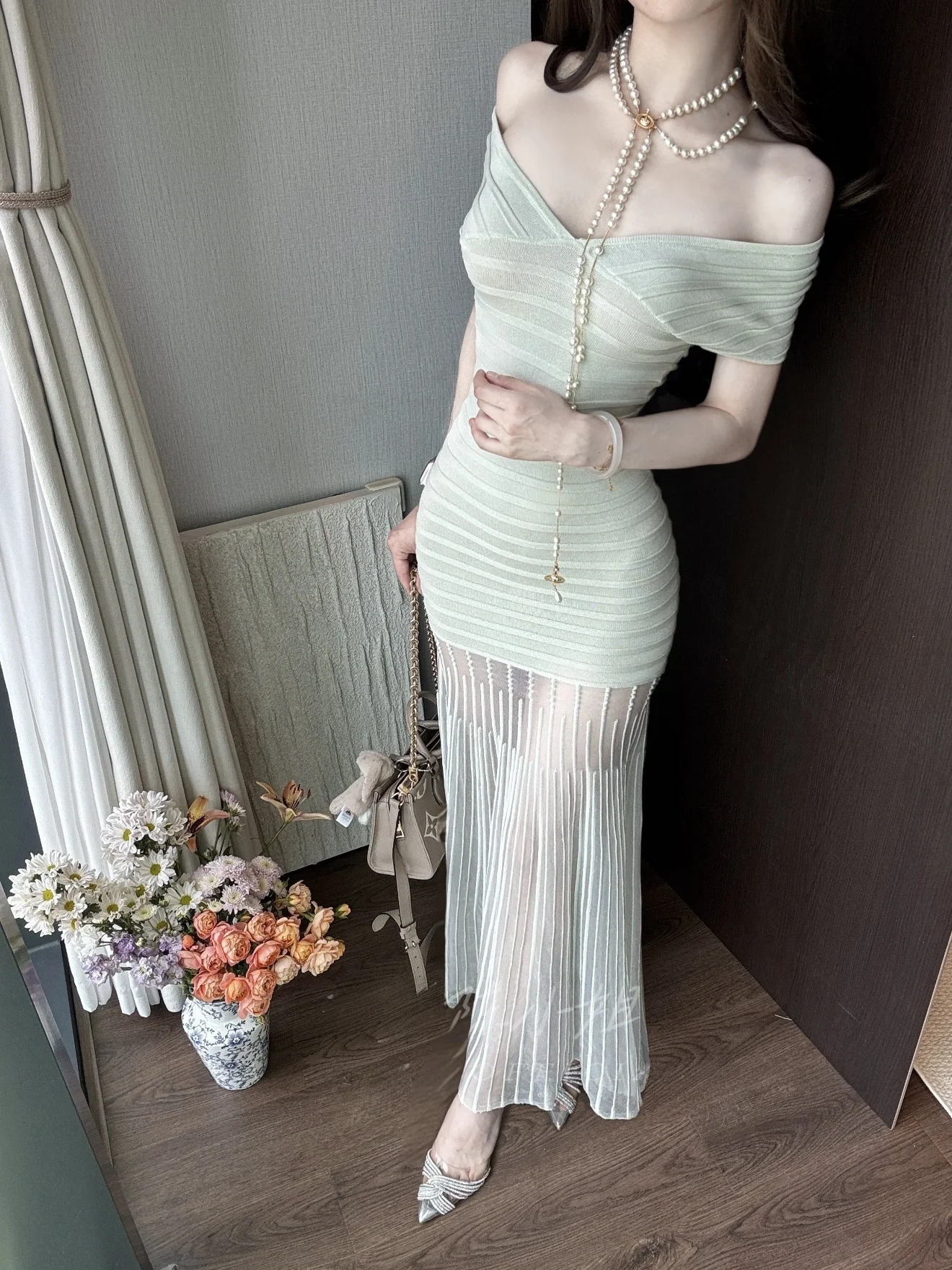

Summer Green Vacation Style One Shoulder Mesh Dress Slim Fit Fish Tail Skirt Elegant Slimming Effect Waist Cinched Soft Fabric
