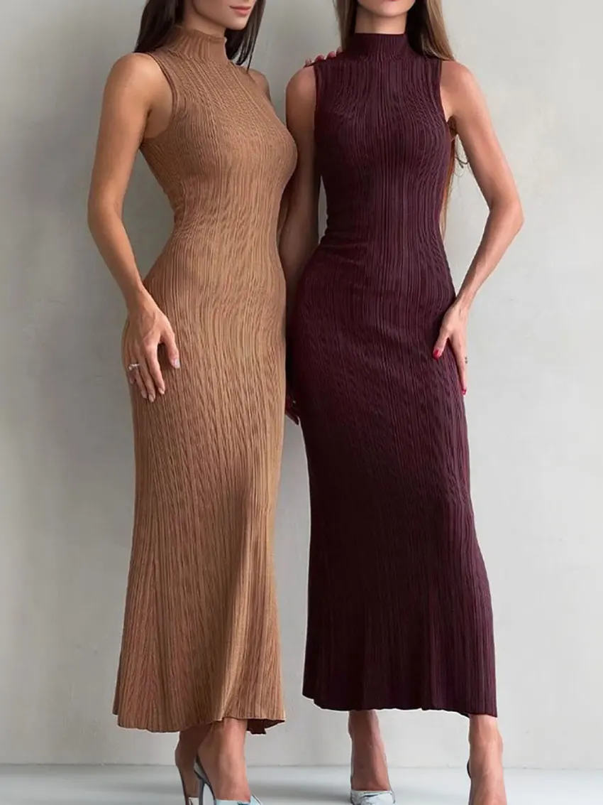 Robe tricotée à col haut pour femmes, sans manches, débardeur, jupe élégante à col roulé, soirée, Club, vente en gros, 2025