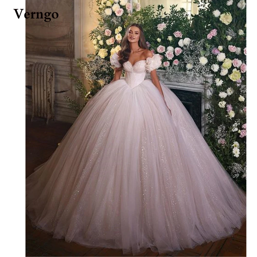 

Verngo Light Pink Glitter Wedding Dresses Off the Shoulder Sweetheart Puff Tulle Princess 16 Sweet Girls Party Quinceanera Dress