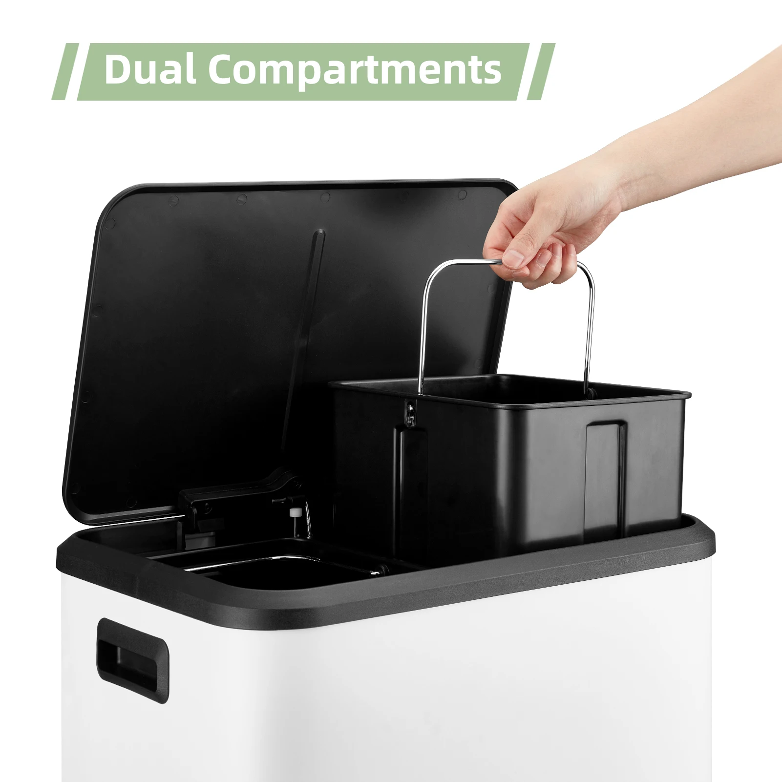 Dual Trash Can, Stainless Steel 2 x 4 Gal (2 x 15L) Garbage Can, Steel Pedal Recycle Bin with Lid and Inner Buckets