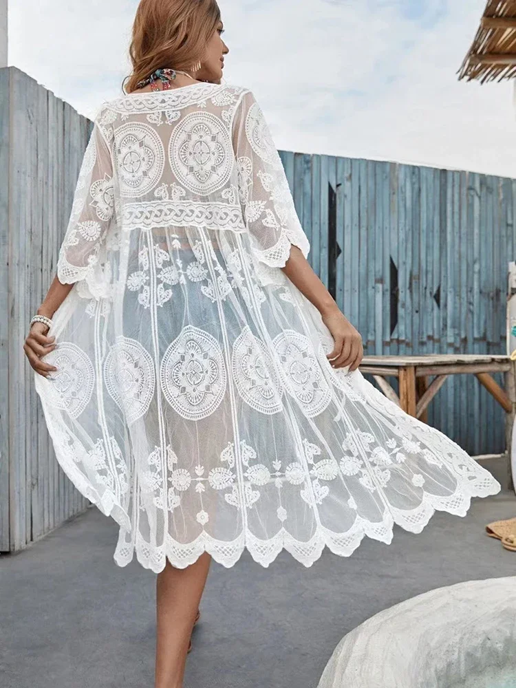 

New Lace Bikini Cover-Ups Women Beach Cover Up See Through Embroidery Summer New Fashion Female Classic Open Stitch Beachwear