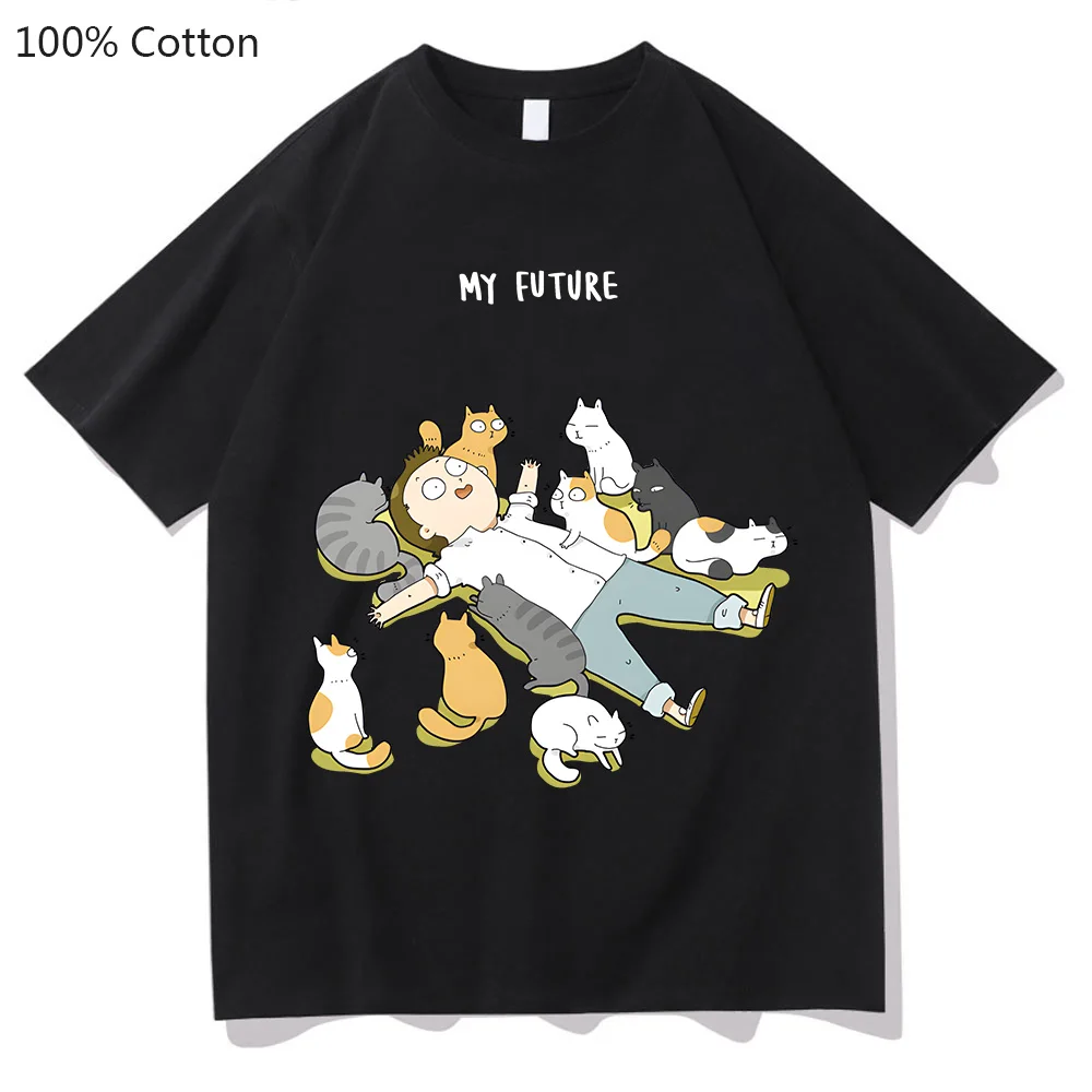 My Daily Life with Cats T-shirts WOMEN Aesthetic T Shirts 100% Cotton Tshirts Harajuku Cat-sucking Heaven Sense of Design O-neck