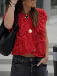 Short Sleeveless Cardigans For Women Knitted Vest Spring Sleeveless Jacket Women Croped Sweater Vests Cardigans With Pockets