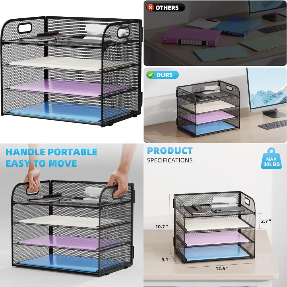 

4 tier paper organizer letter tray - mesh desk file organizer with handle, paper sorter organizer for letter/a4 office file fol