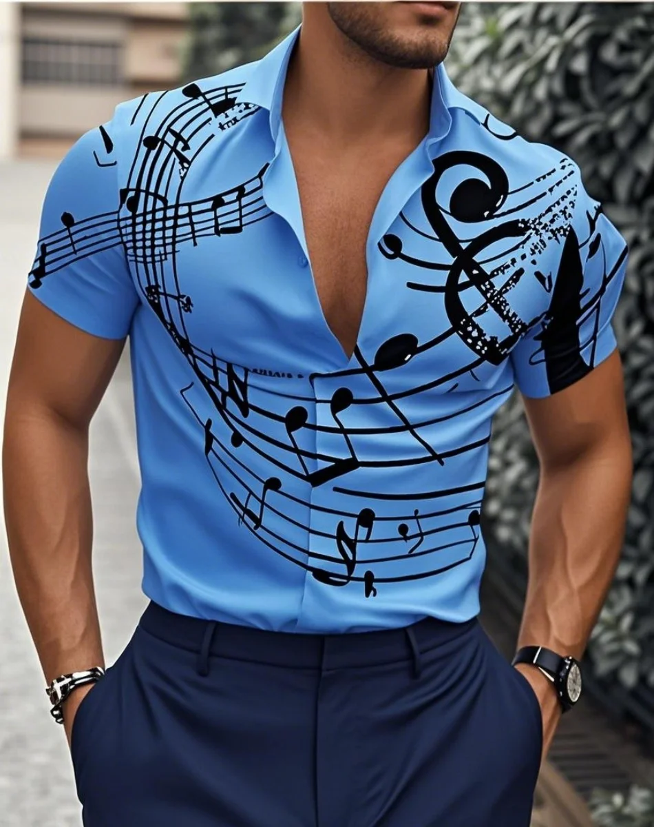 Camisa de hombre Patrón Camisa Texto Notas musicales Solapa Mangas cortas Camisa con botones estampados Diseñador de moda Casual Transpirable