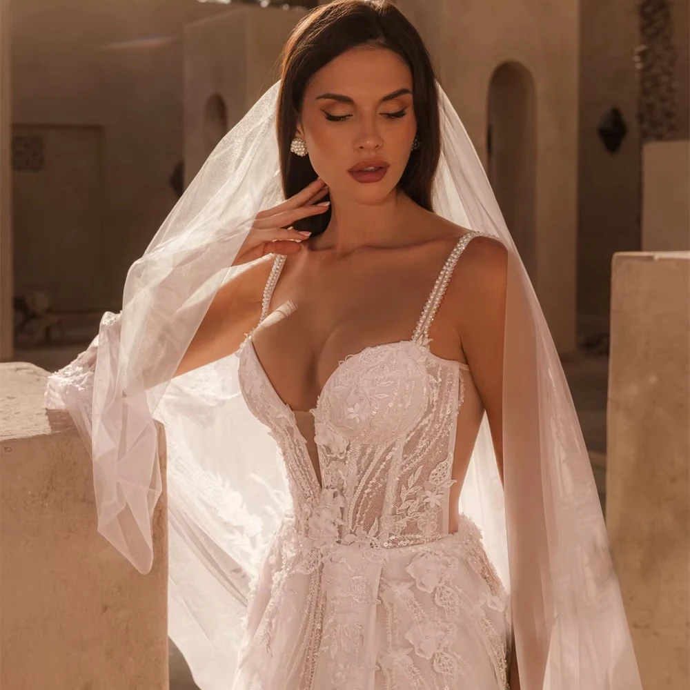 Customized Fashion Slit Wedding Dresses For Woman Bridal Beadings 3D Flowers V-neck A-LINE Appliques Vestidos Bridal Gown
