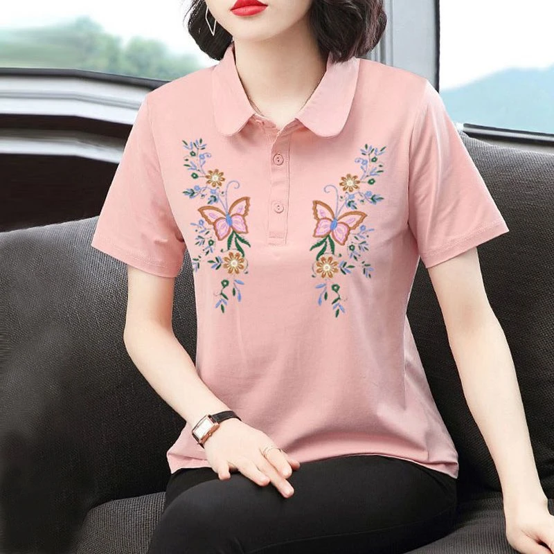 Summer Womens Short Sleeves Polo Shirts Cotton Lapel Tops Embroidered T-shirt Loose Belly-covering Polo Shirt Casual Clothes