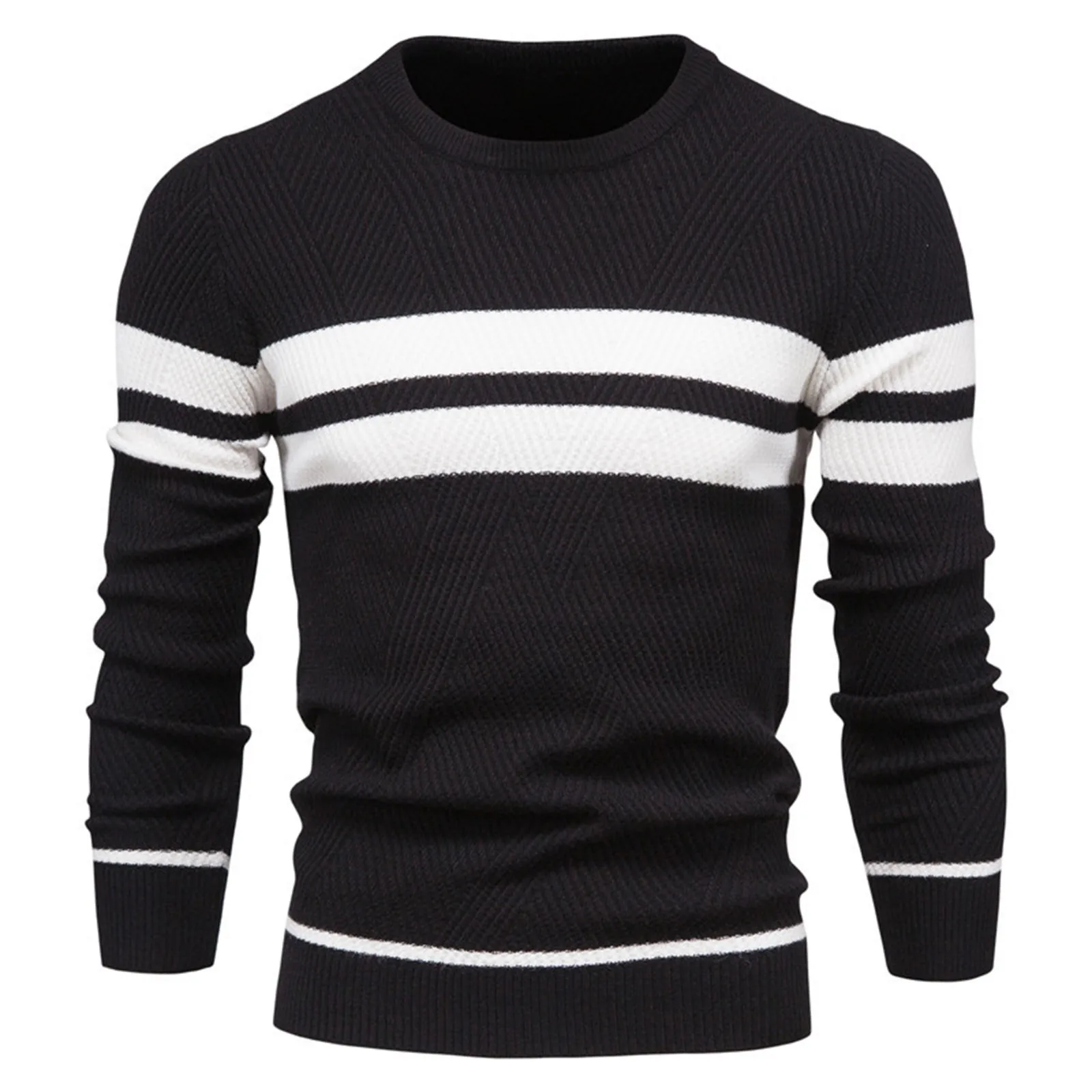 

Men Knit Sweater Pullover Basic Thermal Knitted Sweaters Long Sleeve Round Neck Shirt Striped Elegant Keep Warm Knitwear Winter