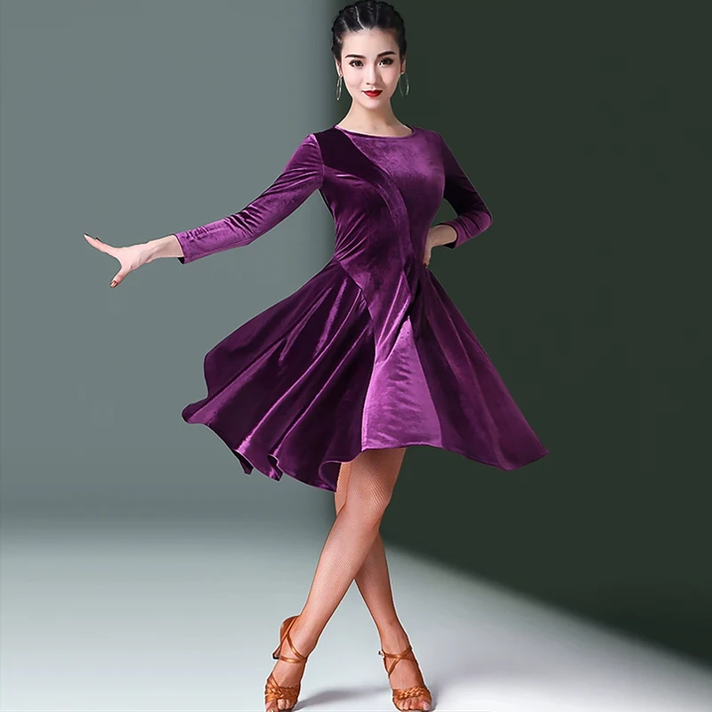 Sexy Latin Dance Wear Dress Autumn and Winter New Adult Women Long-sleeved Dress Velvet Professional Social Dance Training Dress