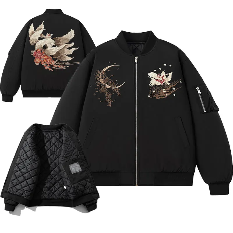 

Retro Baseball Sle Thiened Cotton Jaet for Men Autumn Winter Pilot Sle Embroidered Outerwear Warm Long Sve Zipper