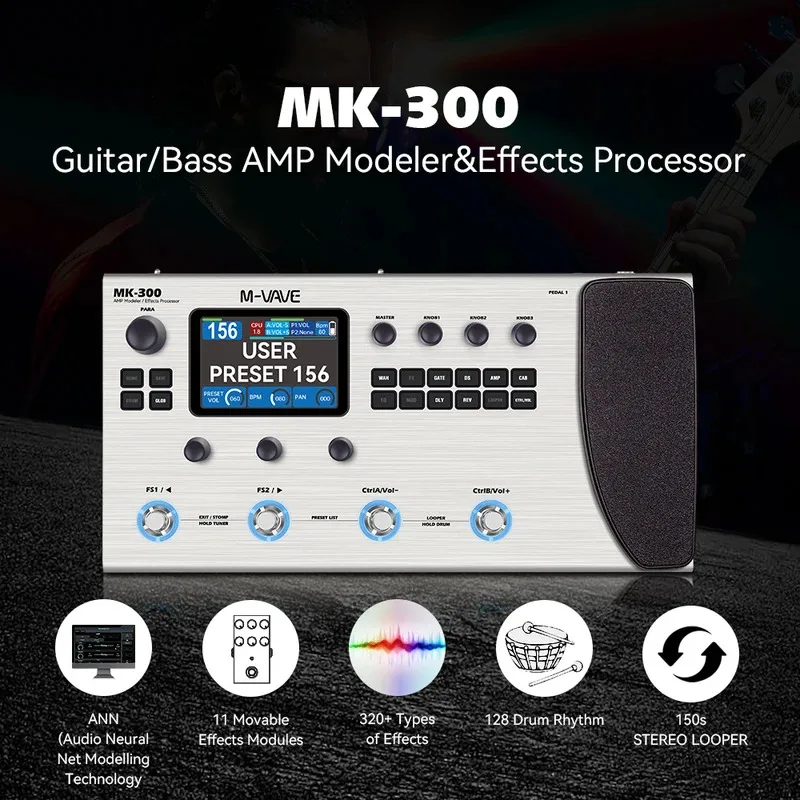 [Incl. Imposta] Processore multieffetto per chitarra M-VAVE MK300 150sLOOPER 128Drum Supporto pedale effetti MK-300 per file Kemper/Axe-FX