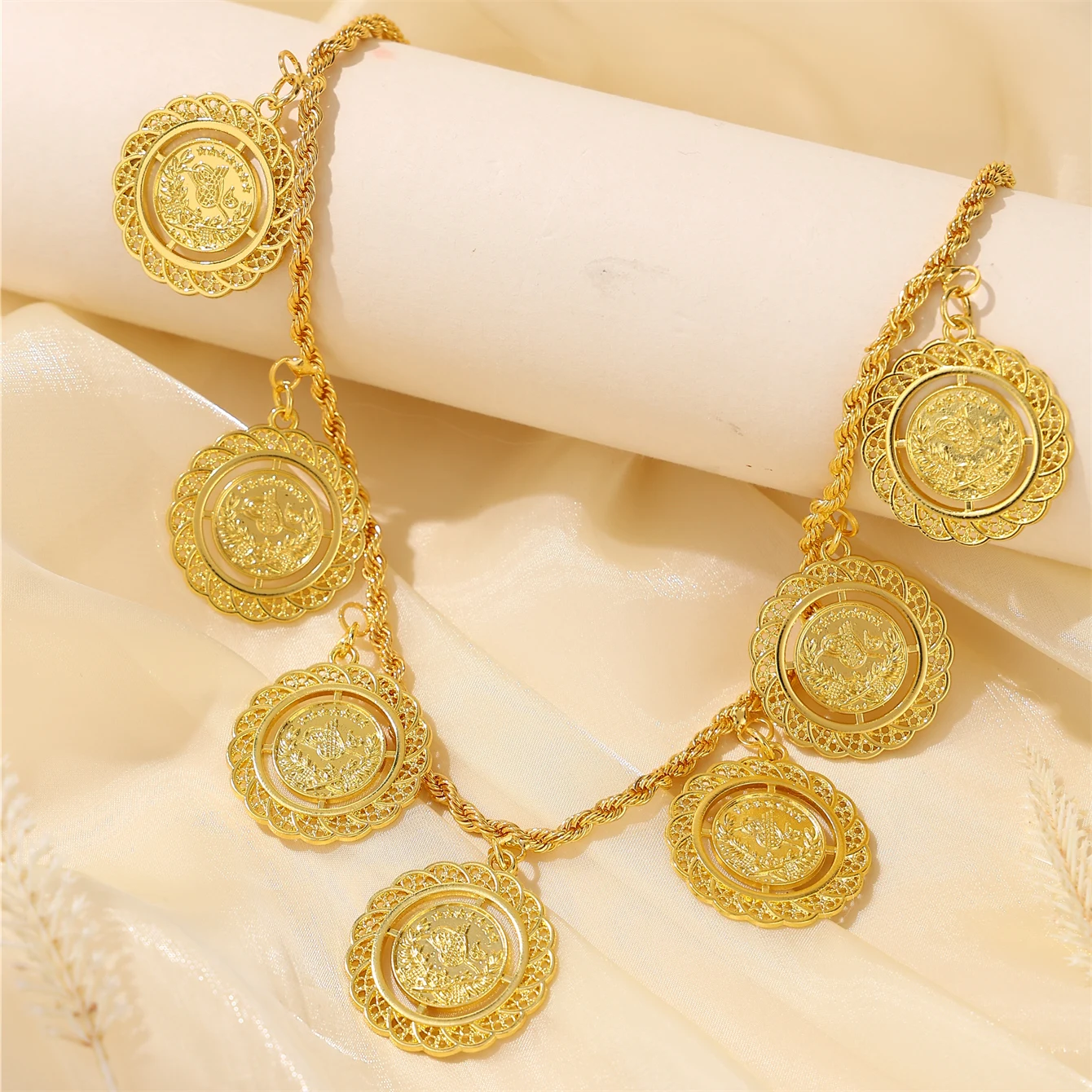 Moroccan Women's Necklace & Earrings Set Coin Design with Rhinestone Accents French Vintage Style for Weddings Banquets