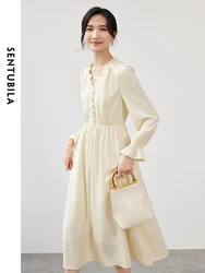 SENTUBILA Women French A Line Dresses 2024 Spring Autumn Wave Fold Puff Sleeve V Neck Retract Waist Solid Dress 143L56489