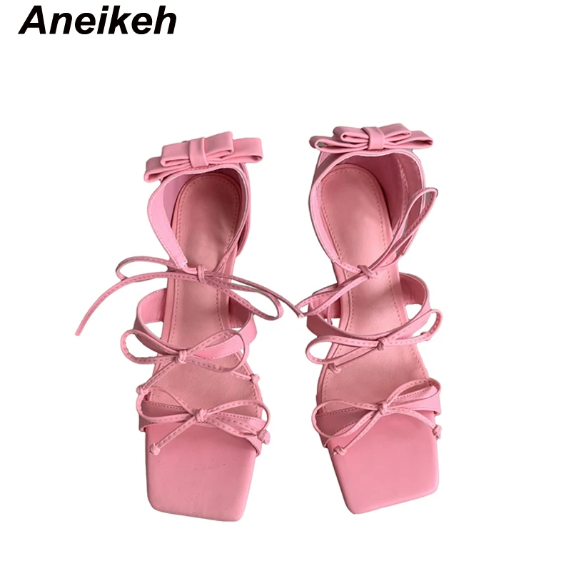 Aneikeh Fashion Sexy Bowtie High Heel Sandals 2024 Summer Women Open Toe High Heel LaceUp Roman Shoes Party Dress 35-39