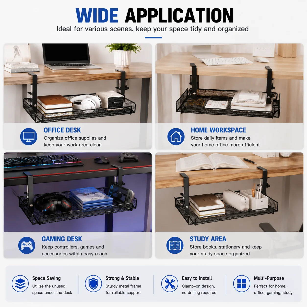 Under Desk Storage Drawer Rack No Drill Clamp On Organizer Basket for Office Desk Cable Management Supplies Holder Metal Shelf