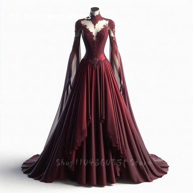 

Vintage Victorian Burgundy Prom Dress Fantasy Elven Gown Lace Appliques Flare Long Sleeves Female Evening Dresses Customized