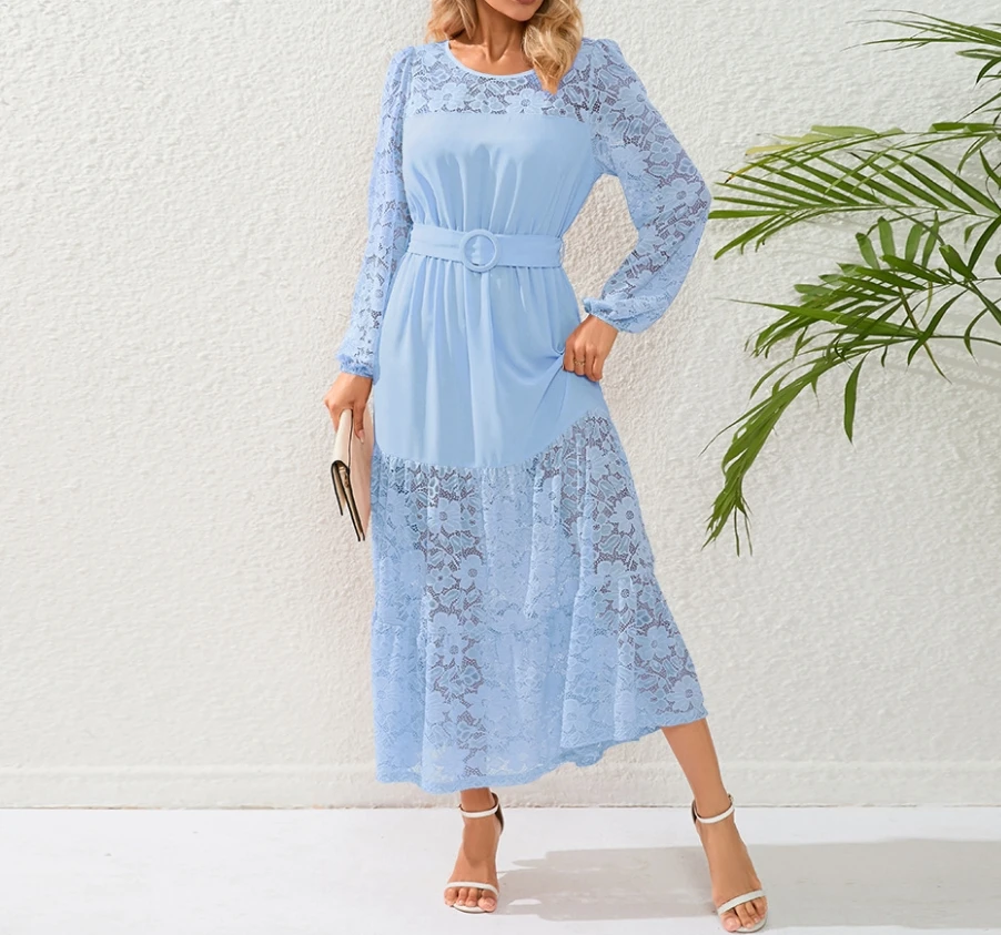 Sukienka damska Sexy Elegant Sheer Contrast Lace Patchwork Round Neck Long Sleeve High Waist Belt Slim Fit A-line Maxi Dress